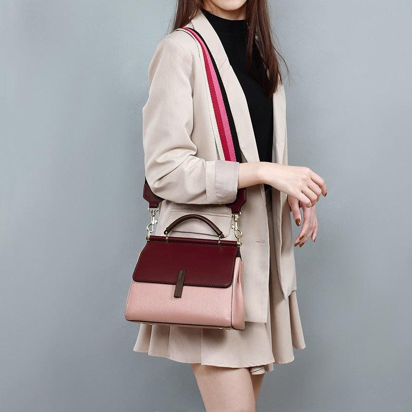 Genuine Leather Contrast Color Shoulder Bag - Eccentric You