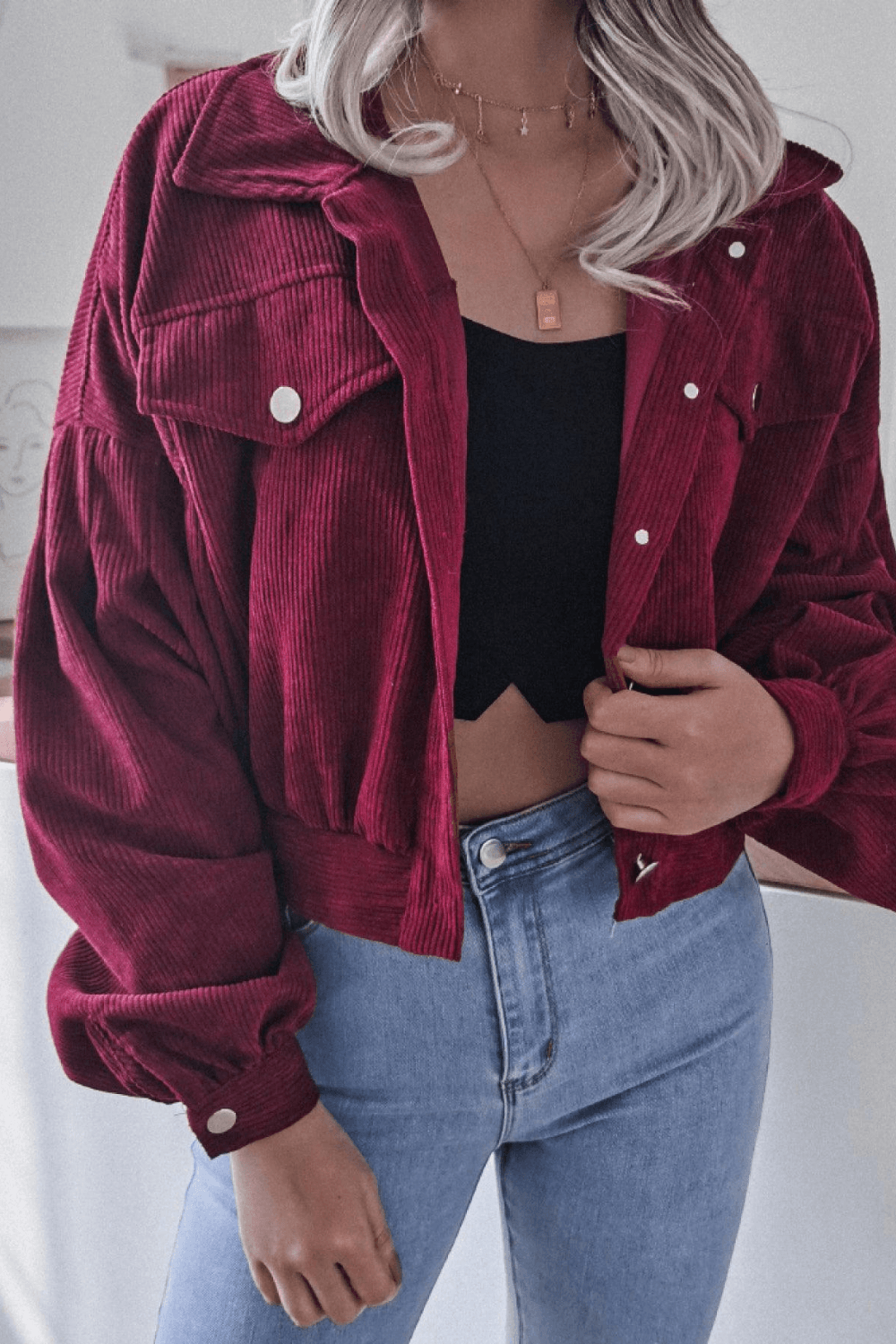 Lantern Sleeve Cropped Corduroy Jacket For Women Eccentric You