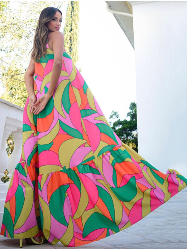 Color Block Print Cover-Up Ruffle Maxi Dress