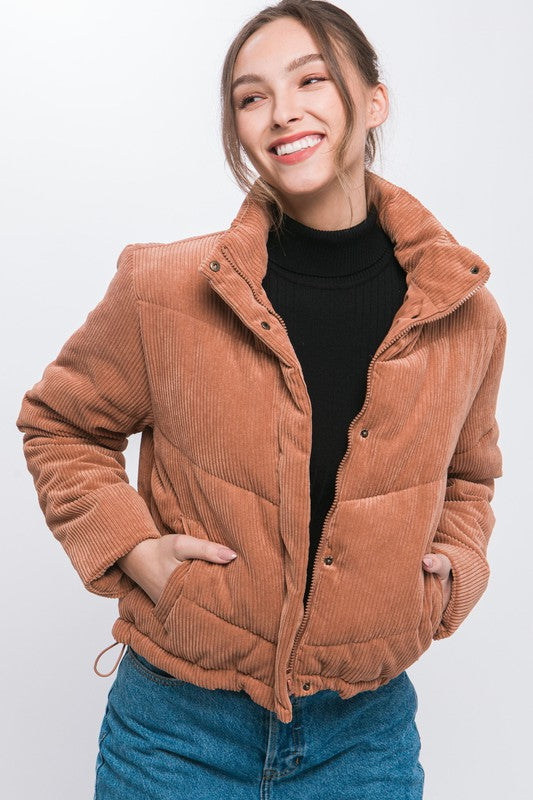 Corduroy Snap Puffer Jacket with Toggle Detail