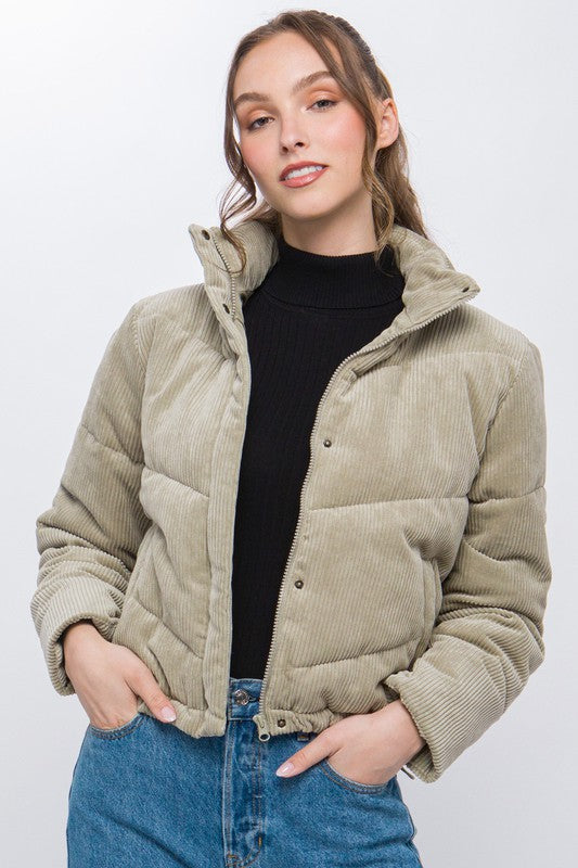 Corduroy Snap Puffer Jacket with Toggle Detail