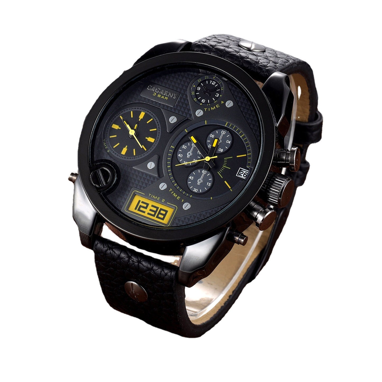 Cagarny Oversized Chronograph Watch – Multi-Dial Leather Strap Men’s Timepiece