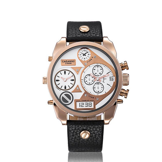 Cagarny Oversized Chronograph Watch – Multi-Dial Leather Strap Men’s Timepiece