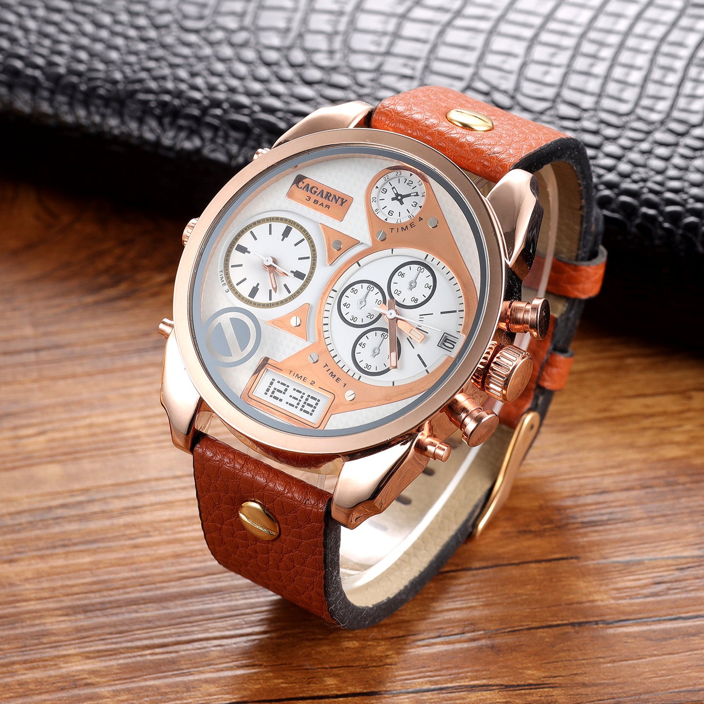 Cagarny Oversized Chronograph Watch – Multi-Dial Leather Strap Men’s Timepiece