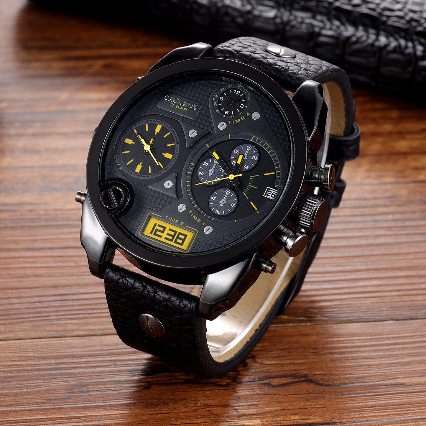 Cagarny Oversized Chronograph Watch – Multi-Dial Leather Strap Men’s Timepiece