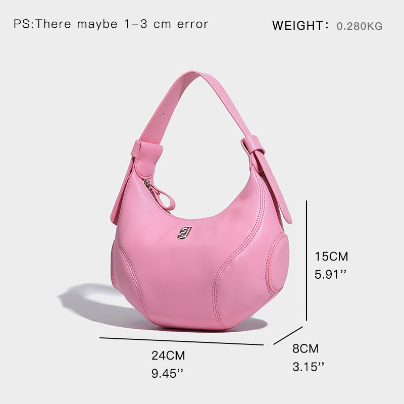 Pink Solid Leather Hobo Bag Half Moon Over The Shoulder Bags