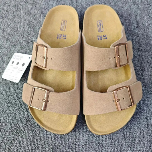 New Vintage Style Unisex Double Buckle Flat Beach Slide Sandals With Cork Insole – Casual Comfort For Summer