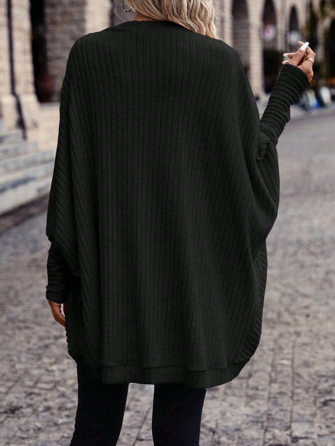 Solid Color Batwing Sleeve Open Front Casual Jacket