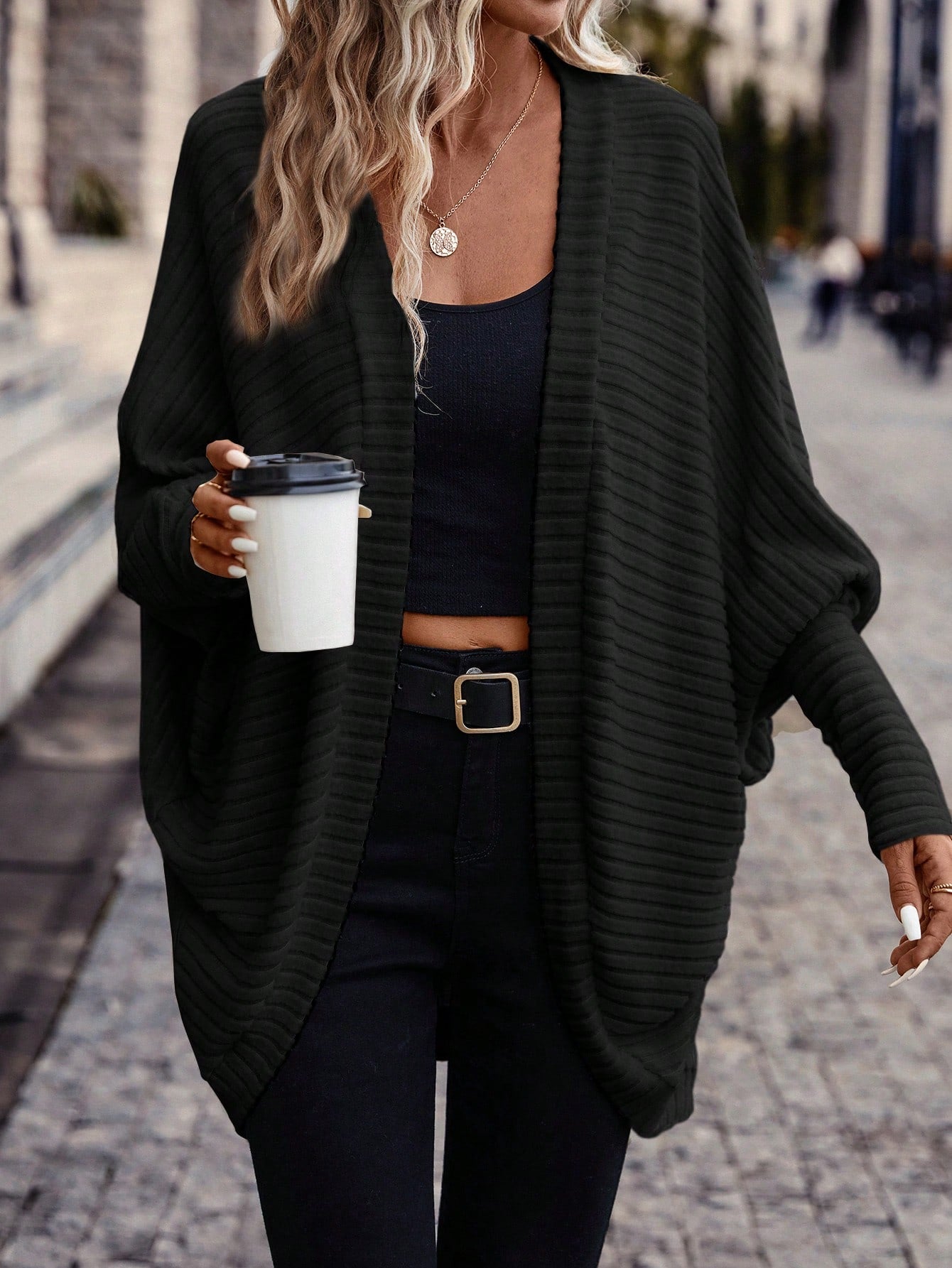 Solid Color Batwing Sleeve Open Front Casual Jacket