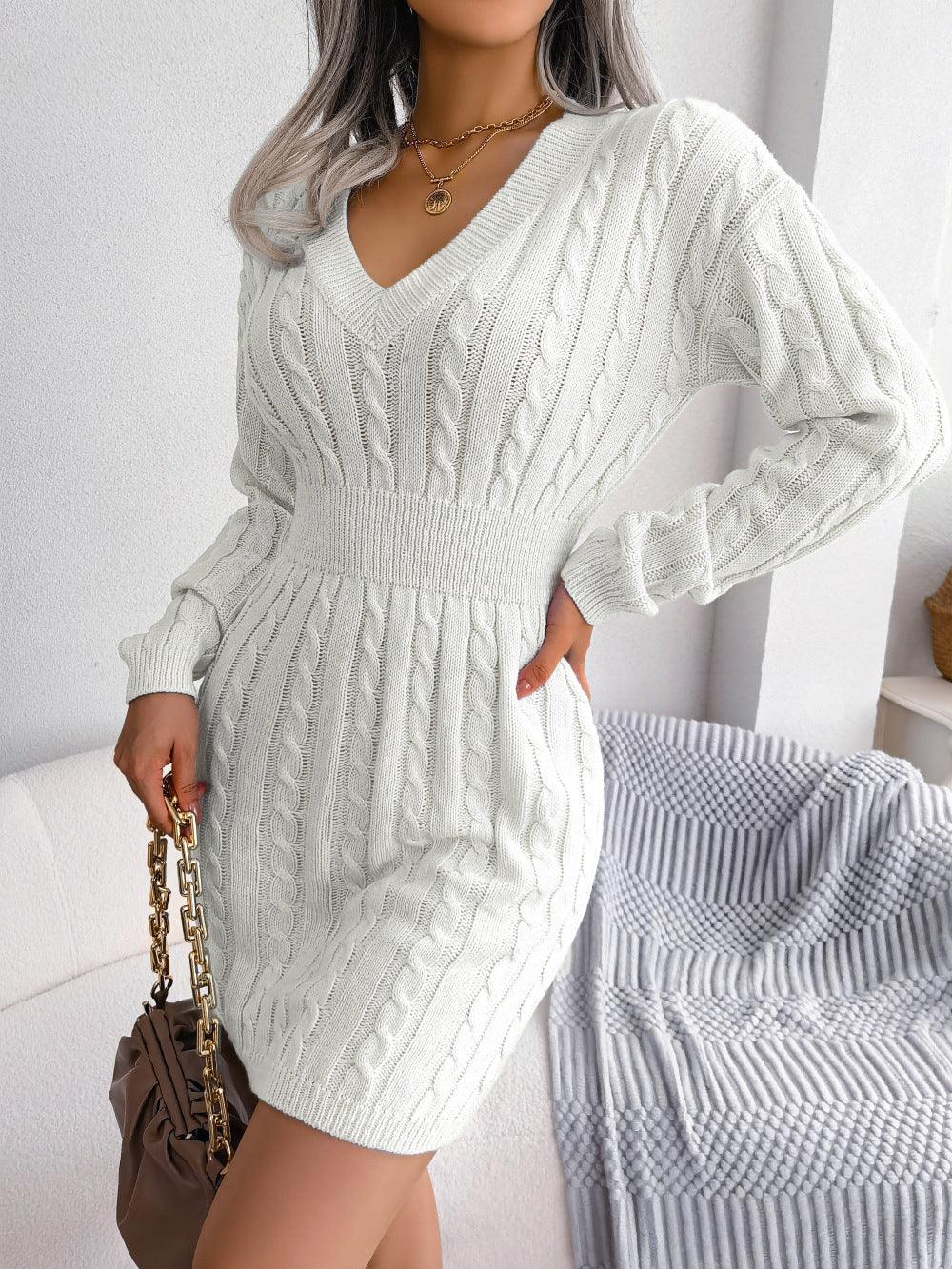 Cable-Knit V-Neck Long Sleeve Mini Sweater Dress – KesleyBoutique