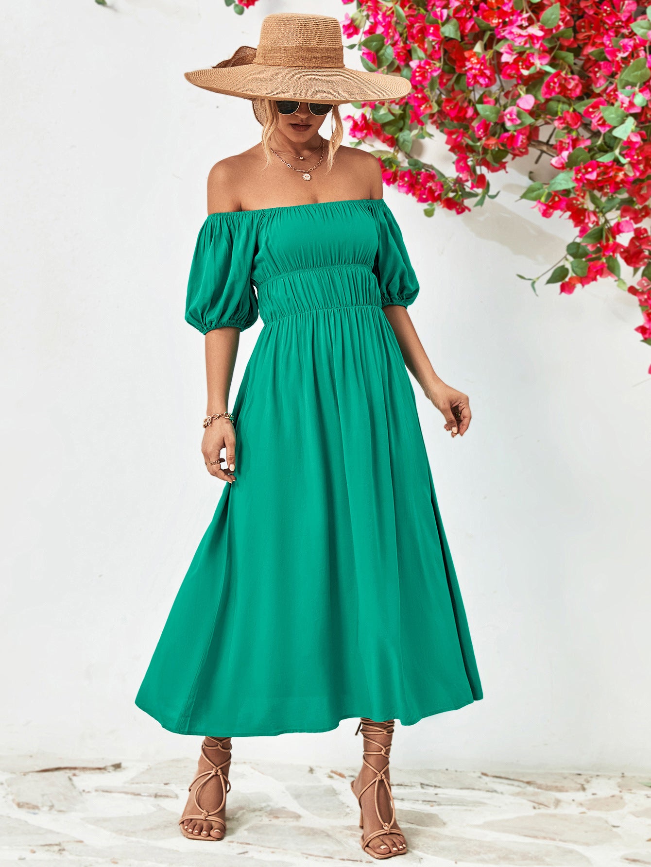 Balloon Sleeve Off-Shoulder Midi Dress