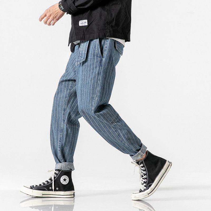 Sinicism Men's 2019 Streetwear Loose Denim Pants Men Autumn Winter Striped Oversize Harem Pants Male Fashion Pockets Jeans - Eccentric You