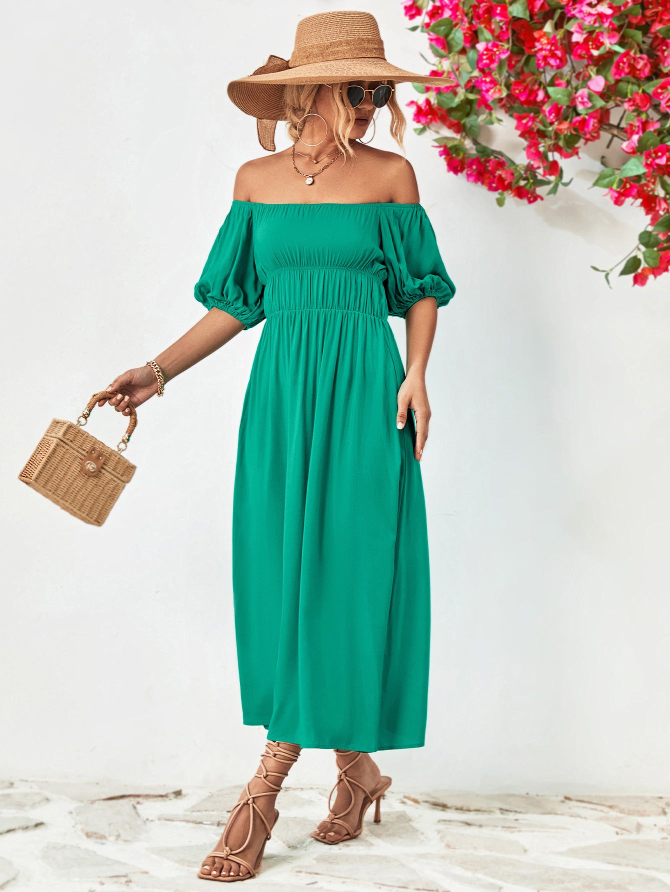 Balloon Sleeve Off-Shoulder Midi Dress